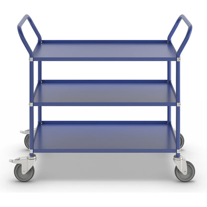 Lightweight shelf truck, height 940 mm, with 3 metal shelves, blue, 2 swivel castors with stops.