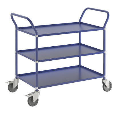Lightweight shelf truck, height 940 mm, with 3 metal shelves, blue, 2 swivel castors with stops.