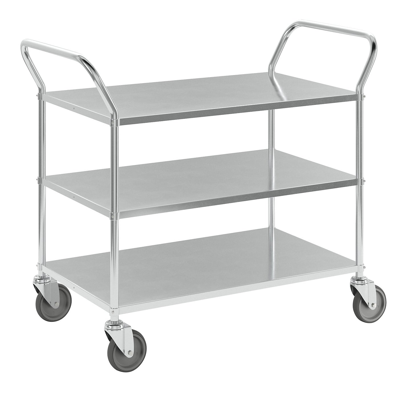 Lightweight shelf truck, height 940 mm, with 3 metal shelves, electrolytically zinc plated, 4 swivel castors.
