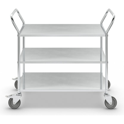 Lightweight shelf truck, height 940 mm, with 3 metal shelves, electrolytically zinc plated, 2 swivel castors with stops.