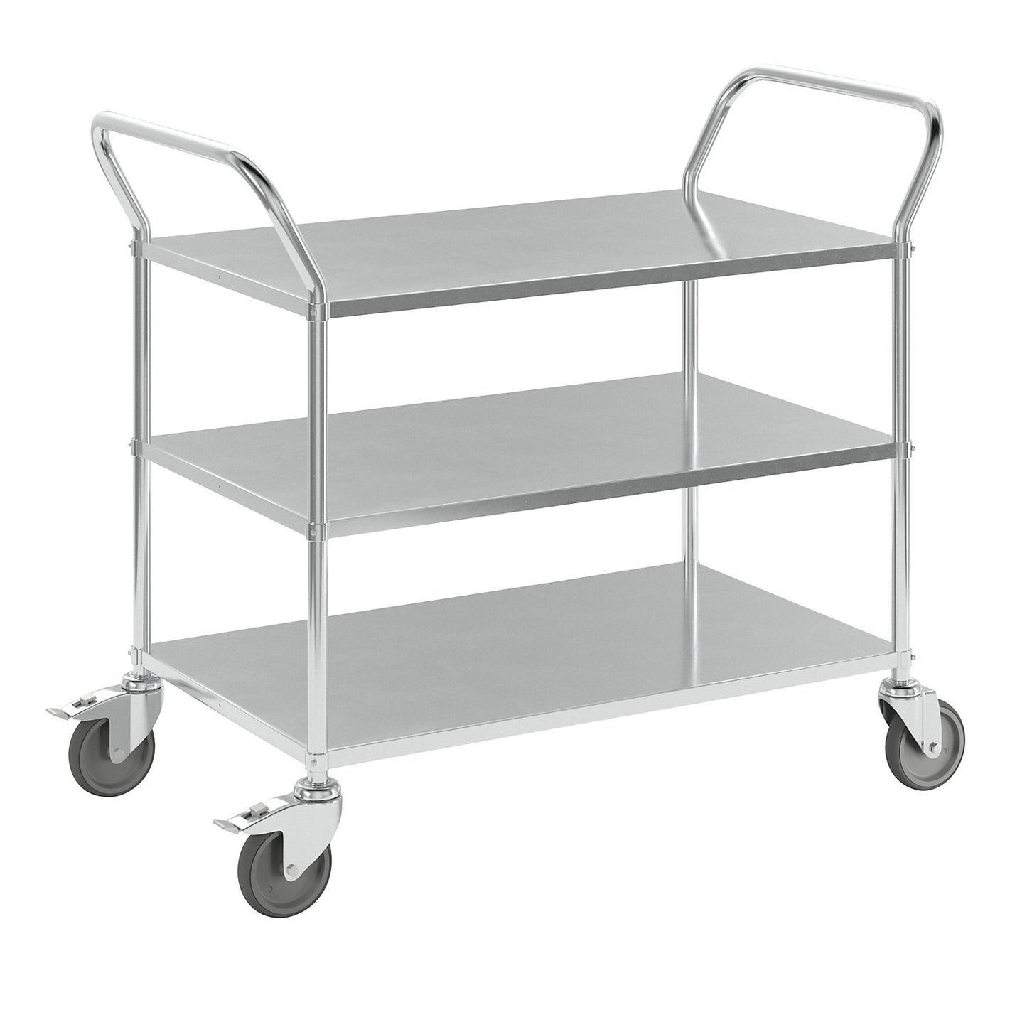 Lightweight shelf truck, height 940 mm, with 3 metal shelves, electrolytically zinc plated, 2 swivel castors with stops.