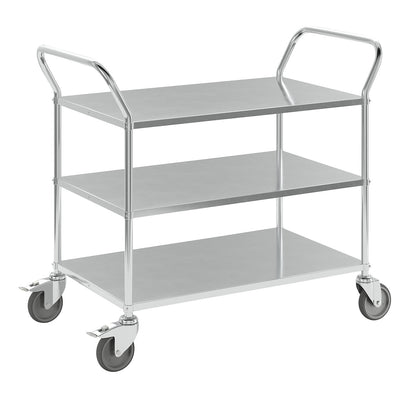Lightweight shelf truck, height 940 mm, with 3 metal shelves, electrolytically zinc plated, 2 swivel castors with stops.