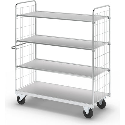 Flexible shelf truck, with 4 shelves, length 1590 mm, swivel castors with stops.