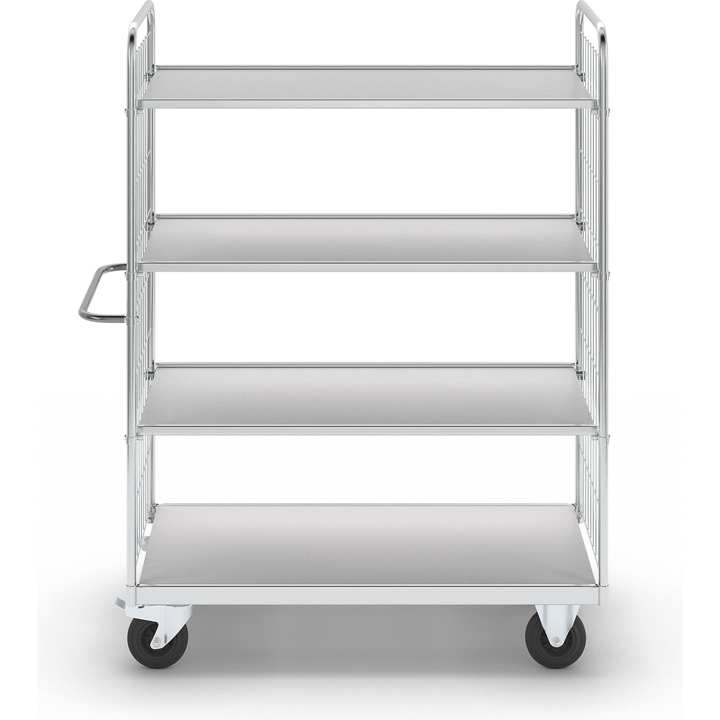 Flexible shelf truck, with 4 shelves, length 1390 mm, swivel castors with stops.