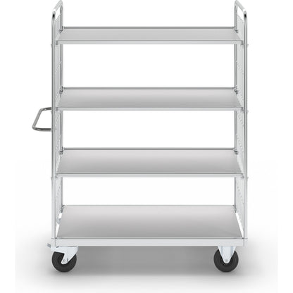 Flexible shelf truck, with 4 shelves, length 1390 mm, swivel castors with stops.
