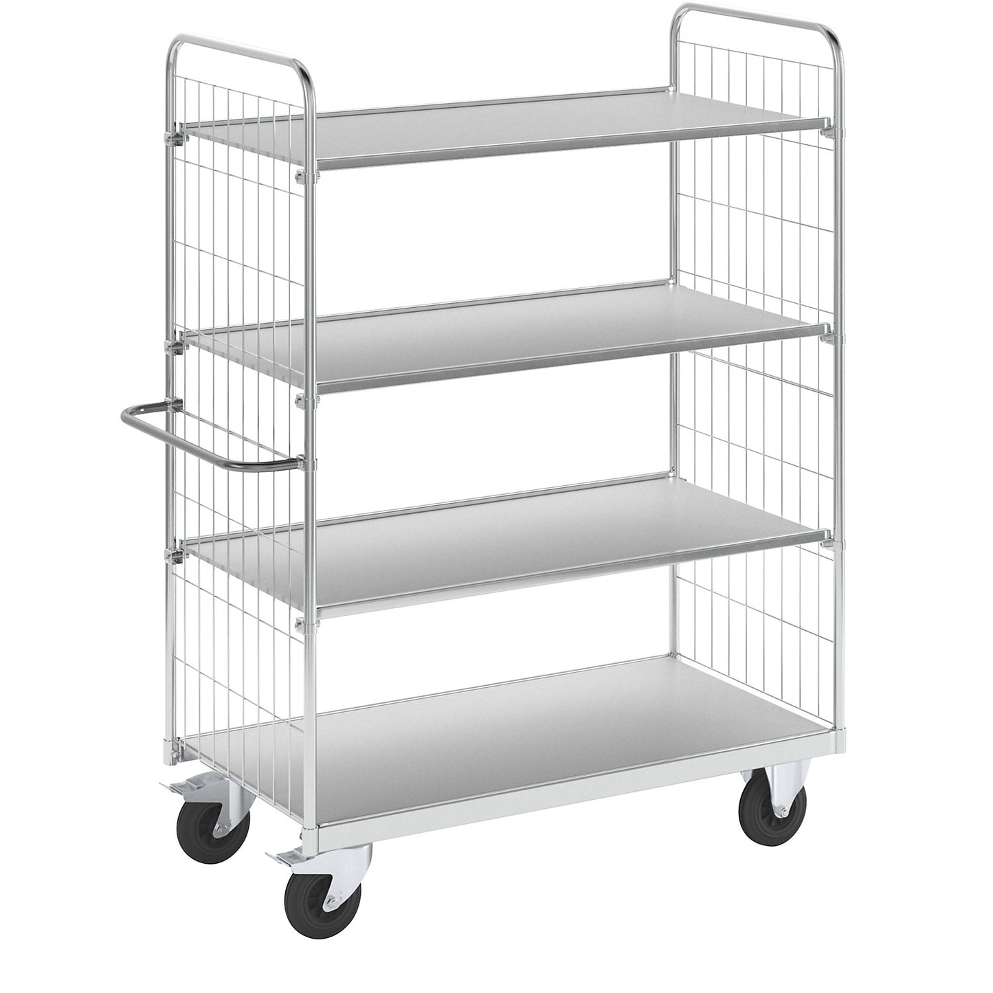 Flexible shelf truck, with 4 shelves, length 1390 mm, swivel castors with stops.