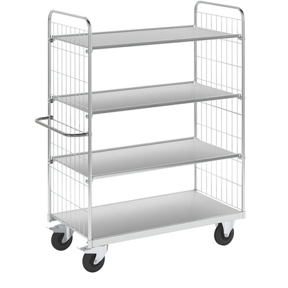 Flexible shelf truck, with 4 shelves, length 1390 mm, swivel castors with stops.