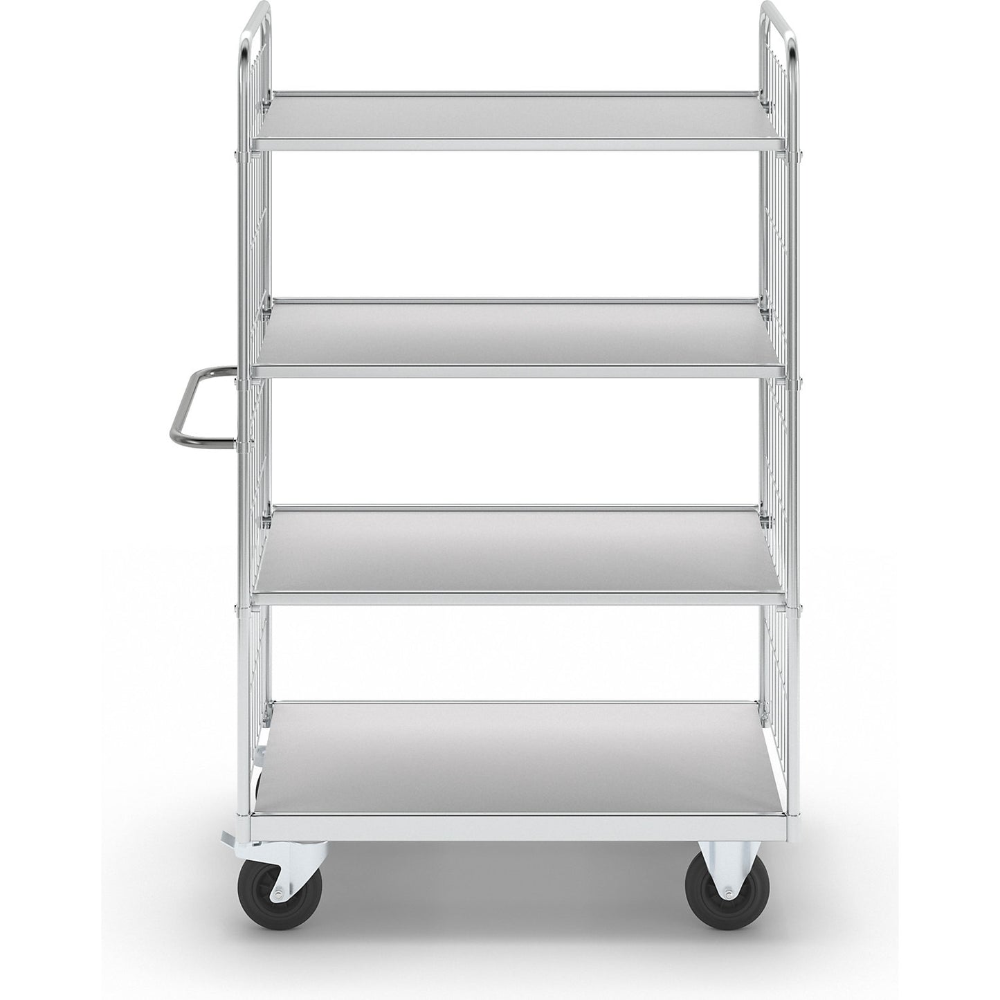 Flexible shelf truck, with 4 shelves, length 1190 mm, swivel castors with stops.