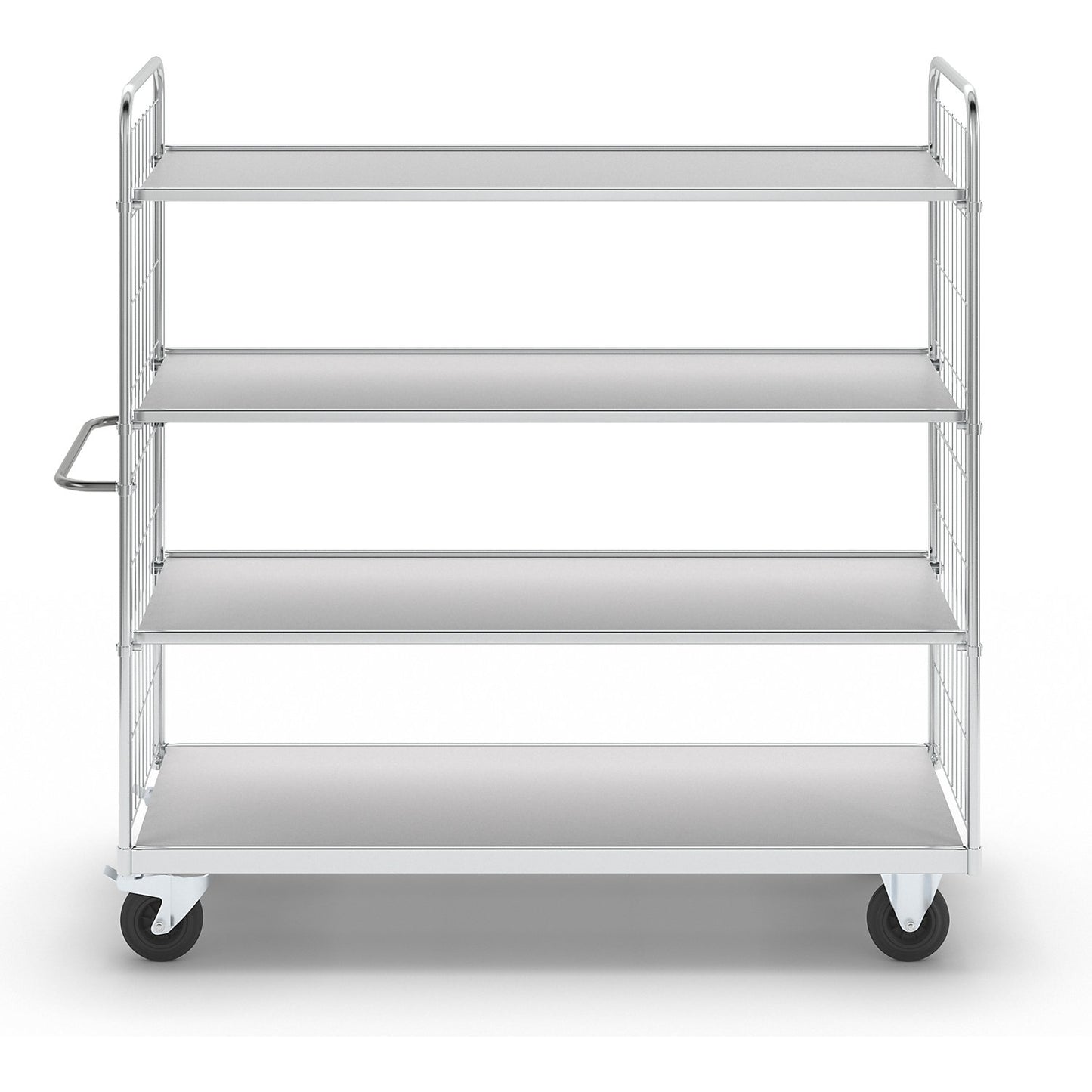Flexible shelf truck, with 4 shelves, length 1790 mm, swivel castors with stops.