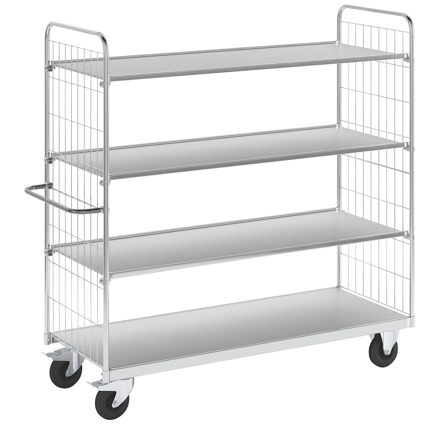 Flexible shelf truck, with 4 shelves, length 1790 mm, swivel castors with stops.