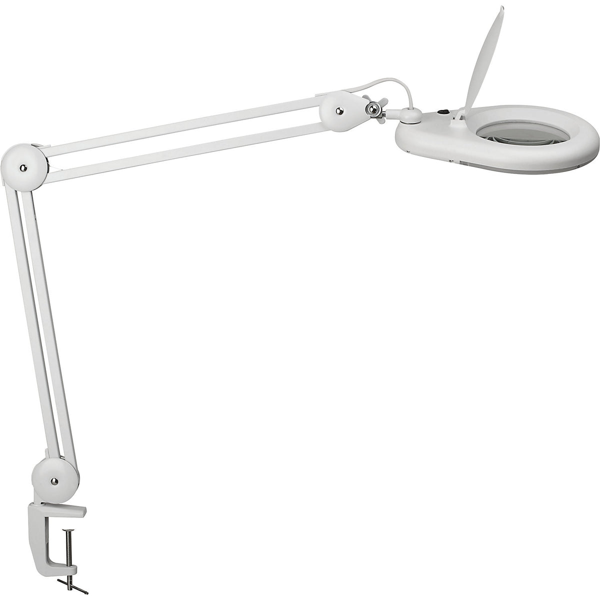 MAULviso LED magnifying lamp IP54, arm length 410 mm, with table clamp, white.