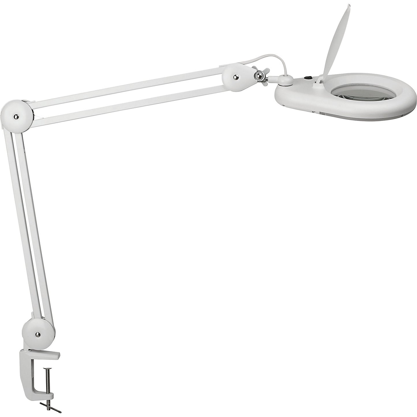 MAULviso LED magnifying lamp IP54, arm length 410 mm, with table clamp, white.