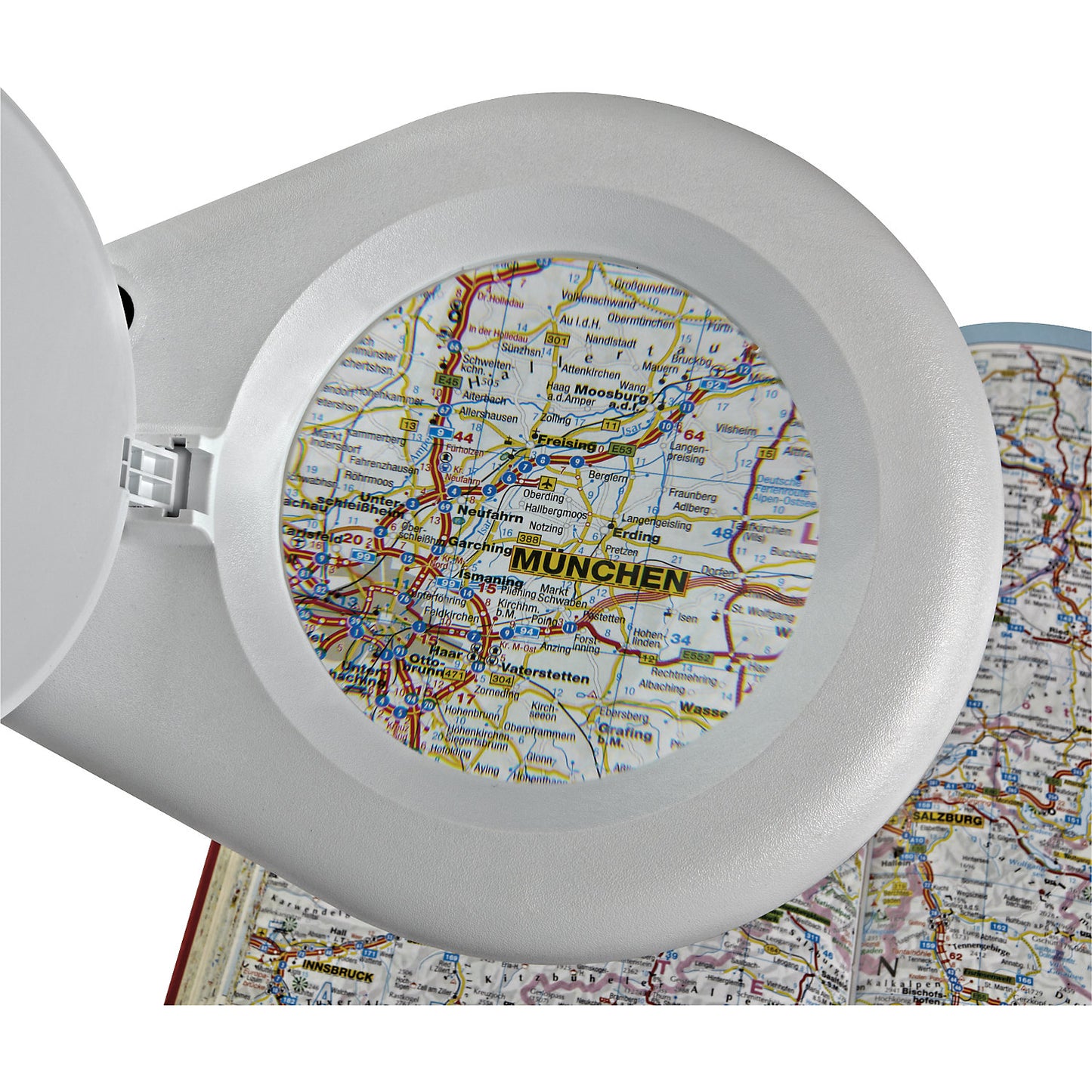 MAULviso LED magnifying lamp IP54, arm length 310 mm, with base, white.