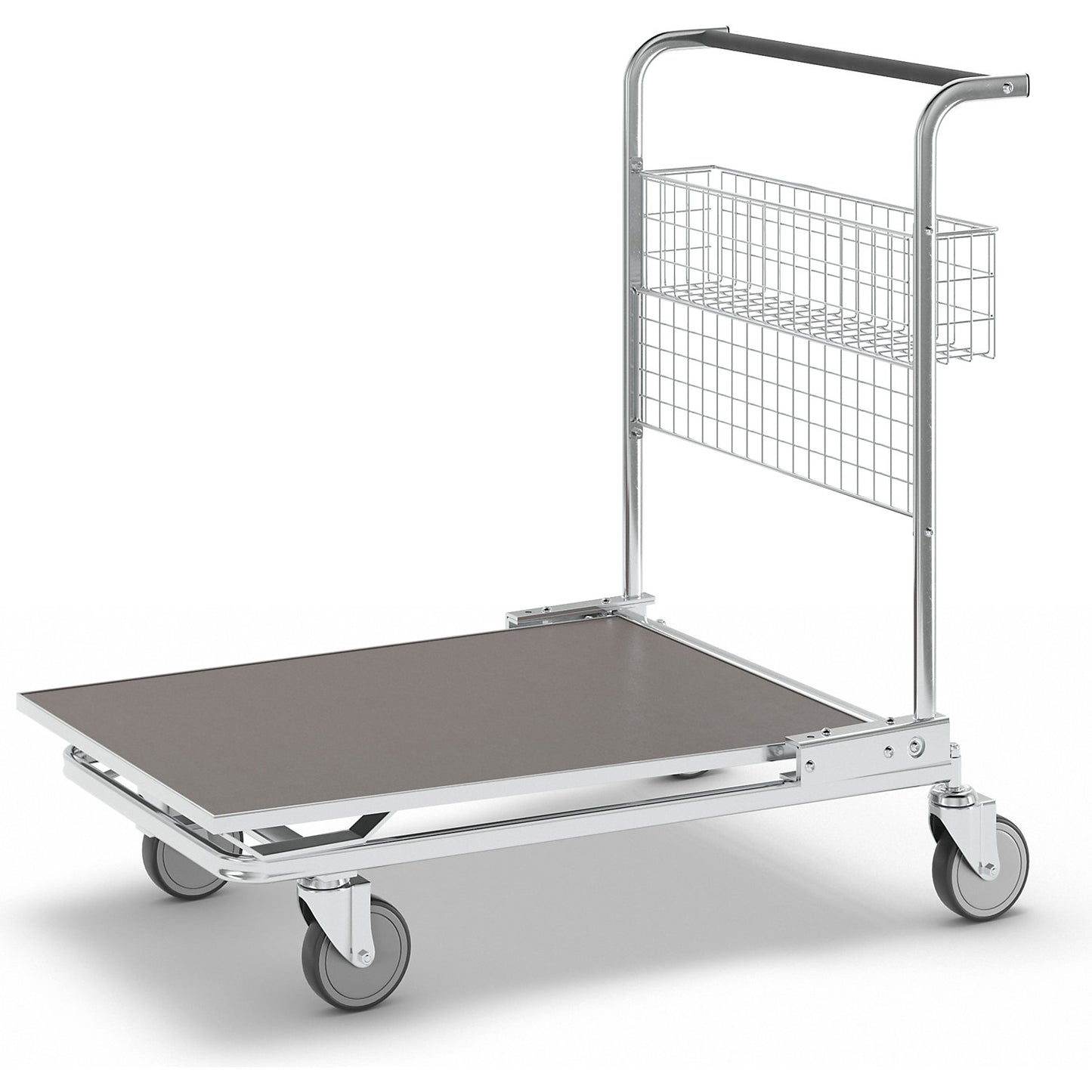 C+C platform trolley, max. load 200 kg, with basket, with plywood shelf.