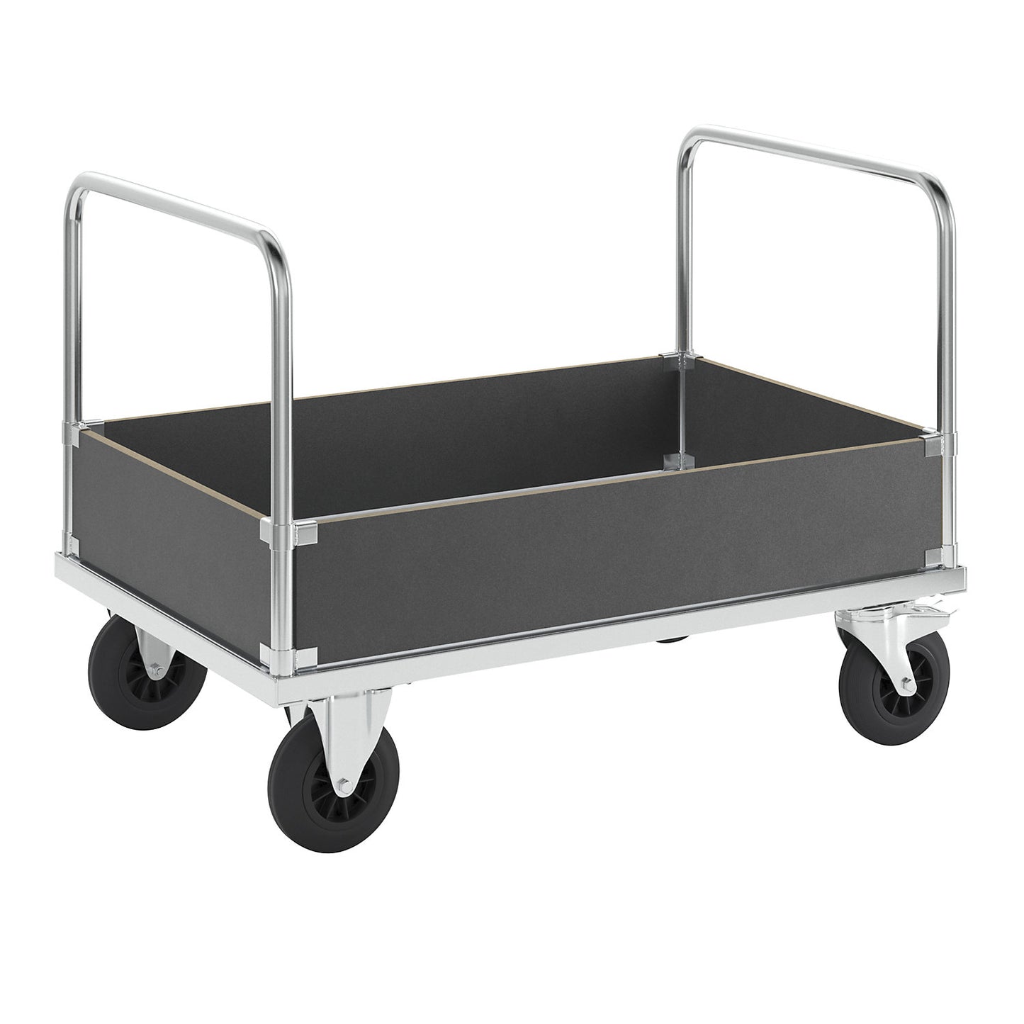 Platform truck max. load 500 kg, with 4 low side panels, LxWxH 1200 x 800 x 900 mm, with stop.