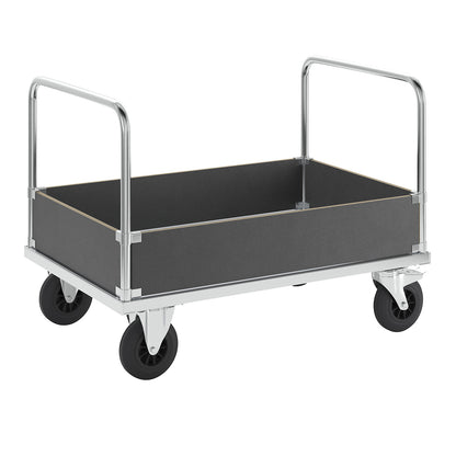 Platform truck max. load 500 kg, with 4 low side panels, LxWxH 1200 x 800 x 900 mm, with stop.