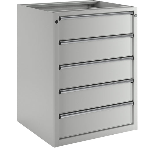 Drawer cupboard without worktop, width 760 mm, max. drawer load 200 kg, 5 drawers, front in light grey.