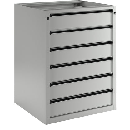Drawer cupboard without worktop, width 760 mm, max. drawer load 200 kg, 6 x 150 mm drawers, front in light grey.