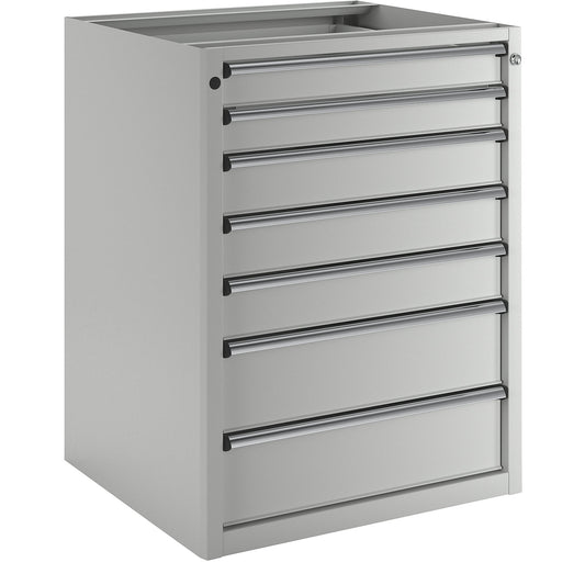 Drawer cupboard without worktop, width 760 mm, max. drawer load 200 kg, 7 drawers, front in light grey.