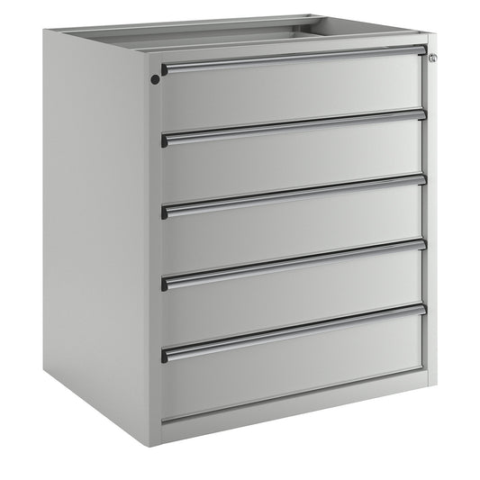 Drawer cupboard without worktop, width 910 mm, 5 drawers, front in light grey.
