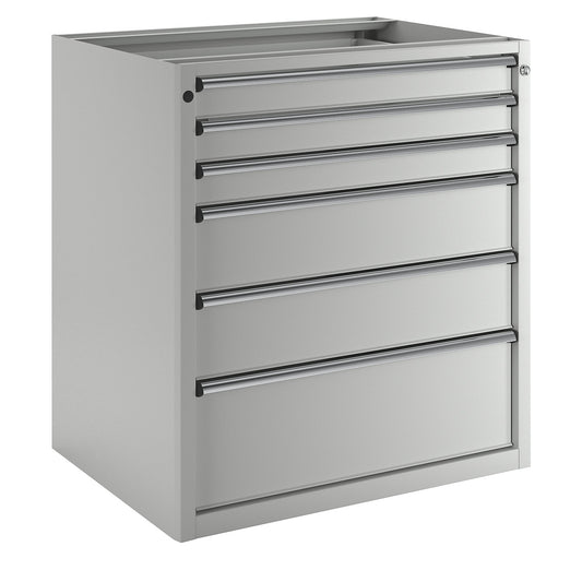 Drawer cupboard without worktop, width 910 mm, 6 drawers, front in light grey.