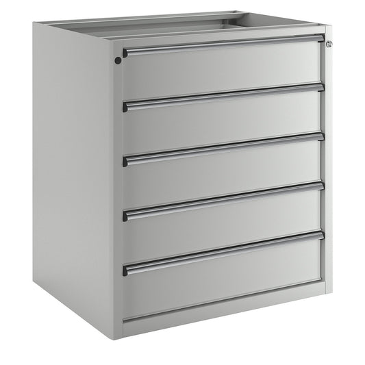 Drawer cupboard without worktop, width 910 mm, max. drawer load 200 kg, 5 drawers, front in light grey.