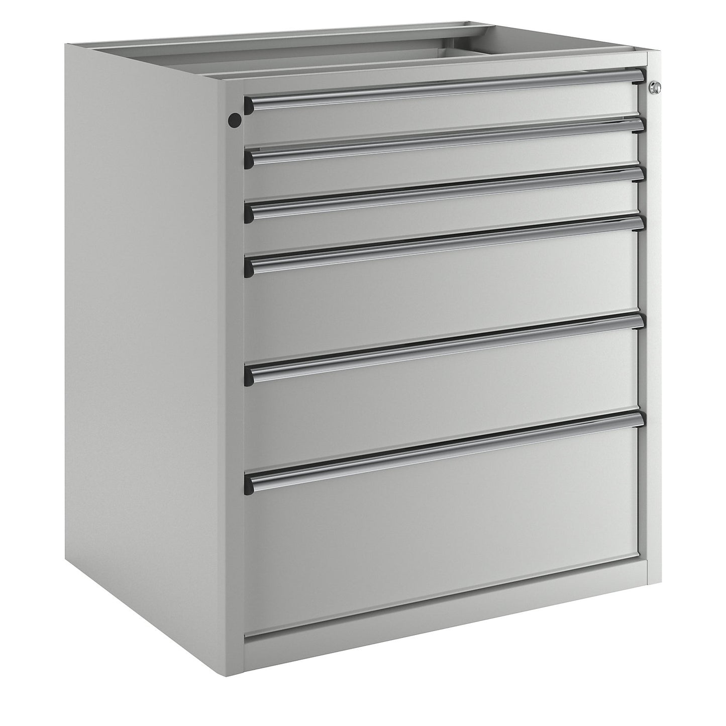 Drawer cupboard without worktop, width 910 mm, max. drawer load 200 kg, 6 drawers, front in light grey.
