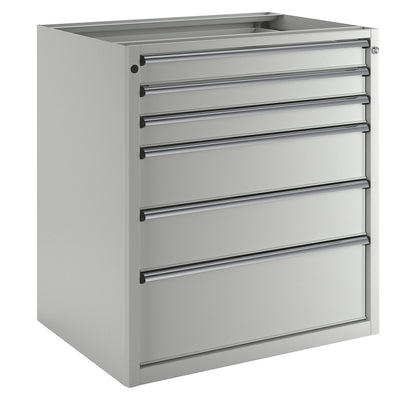 Drawer cupboard without worktop, width 910 mm, max. drawer load 200 kg, 6 drawers, front in light grey.