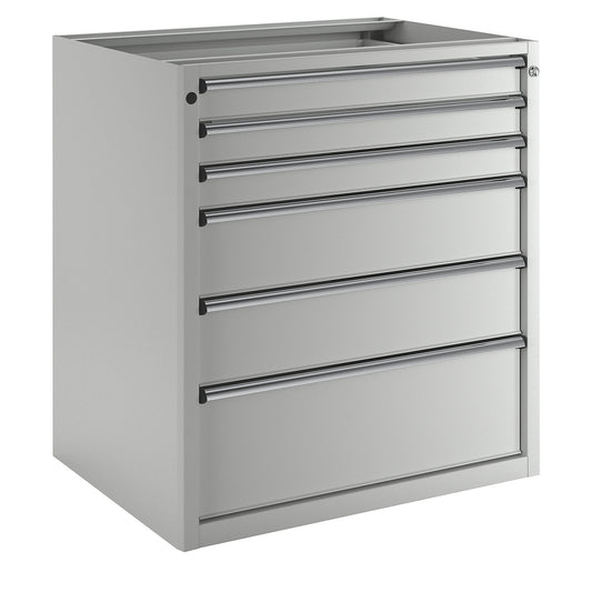 Drawer cupboard without worktop, width 910 mm, max. drawer load 200 kg, 6 drawers, front in light grey.