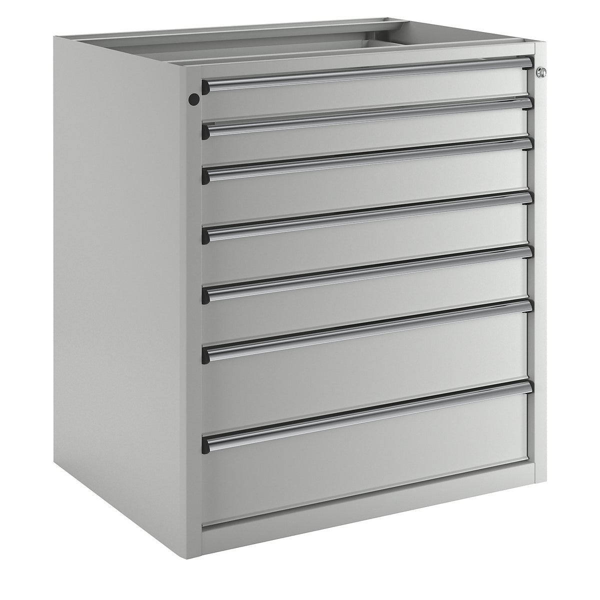 Drawer cupboard without worktop, width 910 mm, max. drawer load 200 kg, 7 drawers, front in light grey.
