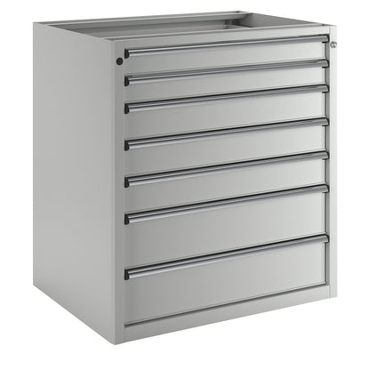 Drawer cupboard without worktop, width 910 mm, max. drawer load 200 kg, 7 drawers, front in light grey.
