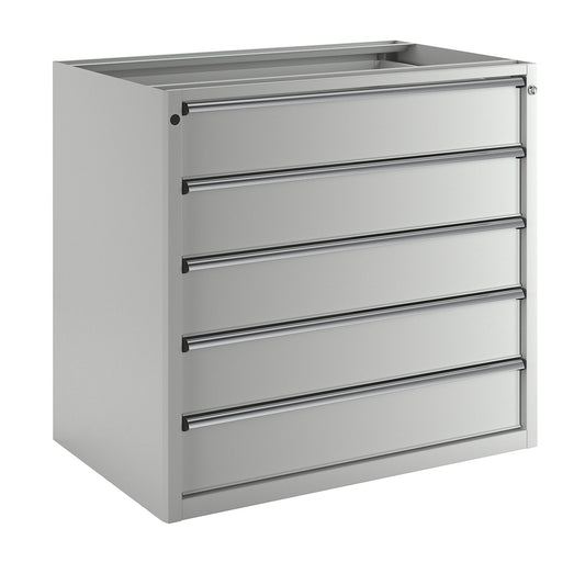 Drawer cupboard without worktop, width 1060 mm, max. drawer load 200 kg, 5 drawers, front in light grey.