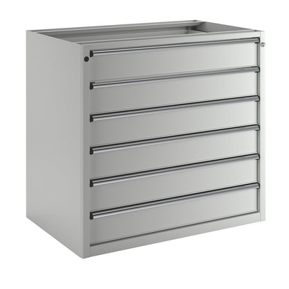 Drawer cupboard without worktop, width 1060 mm, max. drawer load 200 kg, 6 x 150 mm drawers, front in light grey.