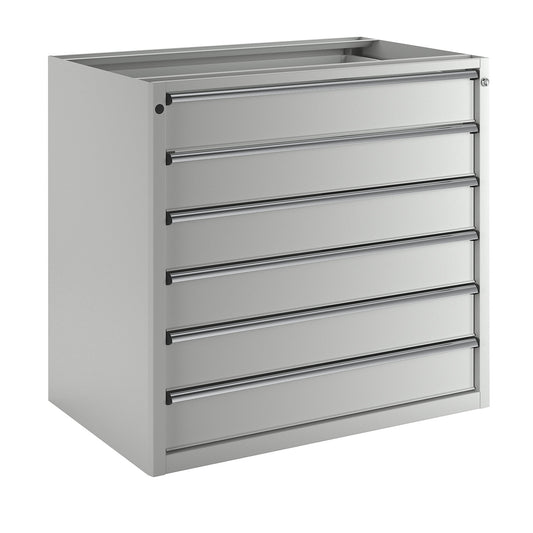 Drawer cupboard without worktop, width 1060 mm, max. drawer load 200 kg, 6 x 150 mm drawers, front in light grey.