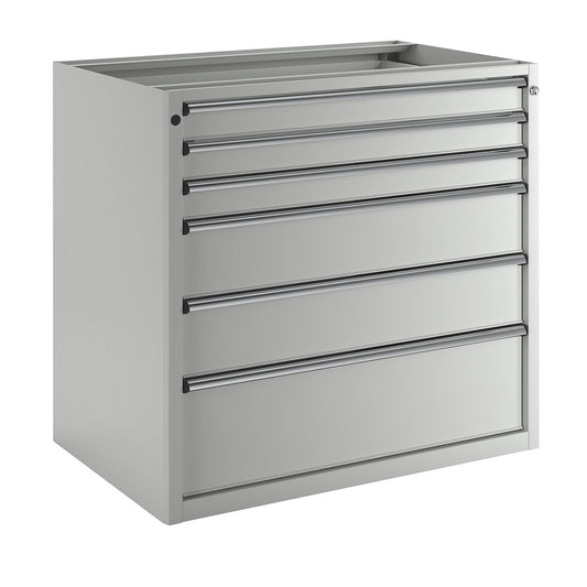 Drawer cupboard without worktop, width 1060 mm, max. drawer load 200 kg, 6 drawers, front in light grey.