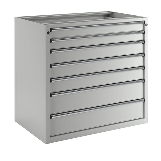 Drawer cupboard without worktop, width 1060 mm, max. drawer load 200 kg, 7 drawers, front in light grey.