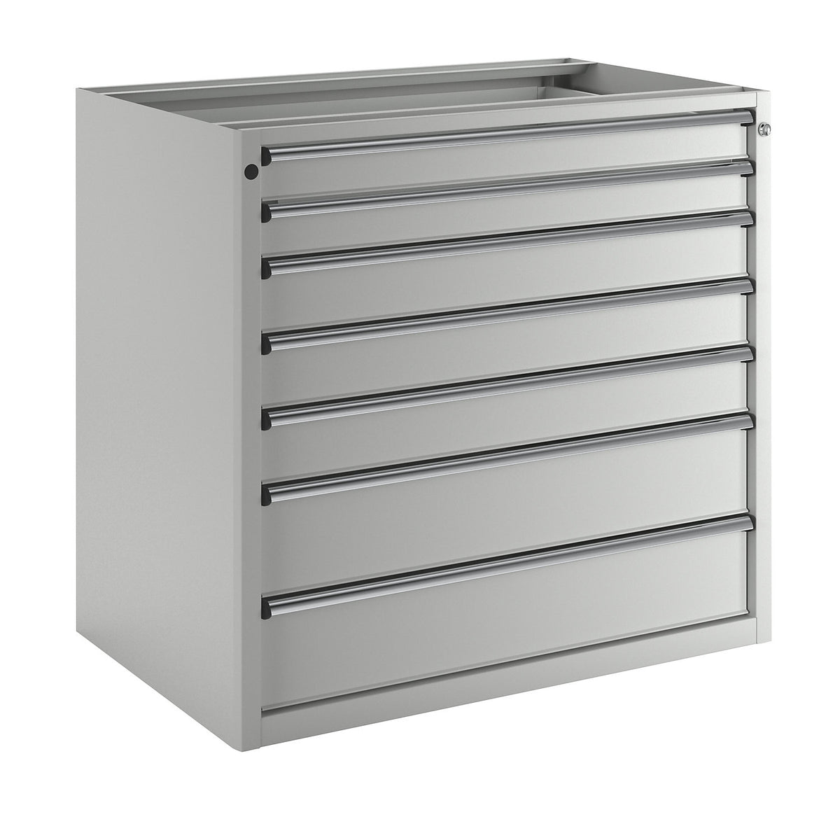 Drawer cupboard without worktop, width 1060 mm, max. drawer load 200 kg, 7 drawers, front in light grey.
