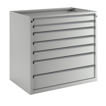 Drawer cupboard without worktop, width 1060 mm, max. drawer load 200 kg, 7 drawers, front in light grey.