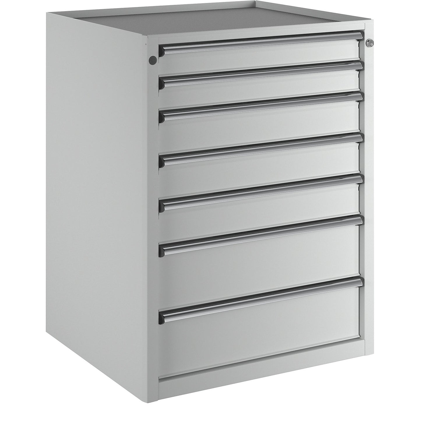 Drawer cupboard, WxD 760 x 675 mm, max. drawer load 100 kg, 7 drawers, height 980 mm, front in light grey.