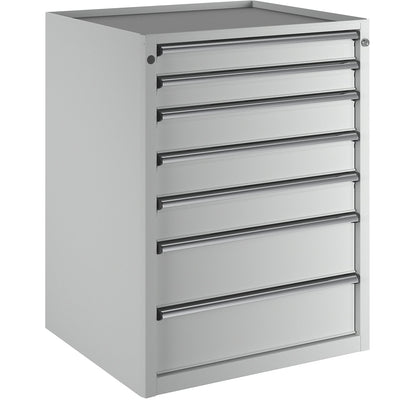 Drawer cupboard, WxD 760 x 675 mm, max. drawer load 100 kg, 7 drawers, height 980 mm, front in light grey.