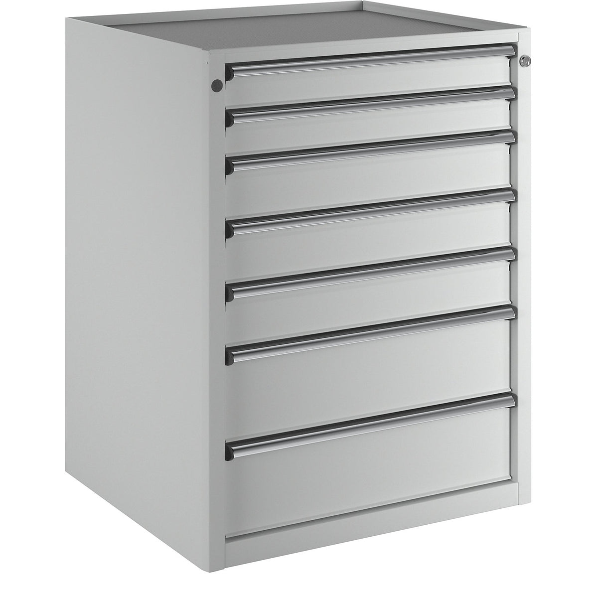 Drawer cupboard, WxD 760 x 675 mm, max. drawer load 200 kg, 7 drawers, height 980 mm, front in light grey.