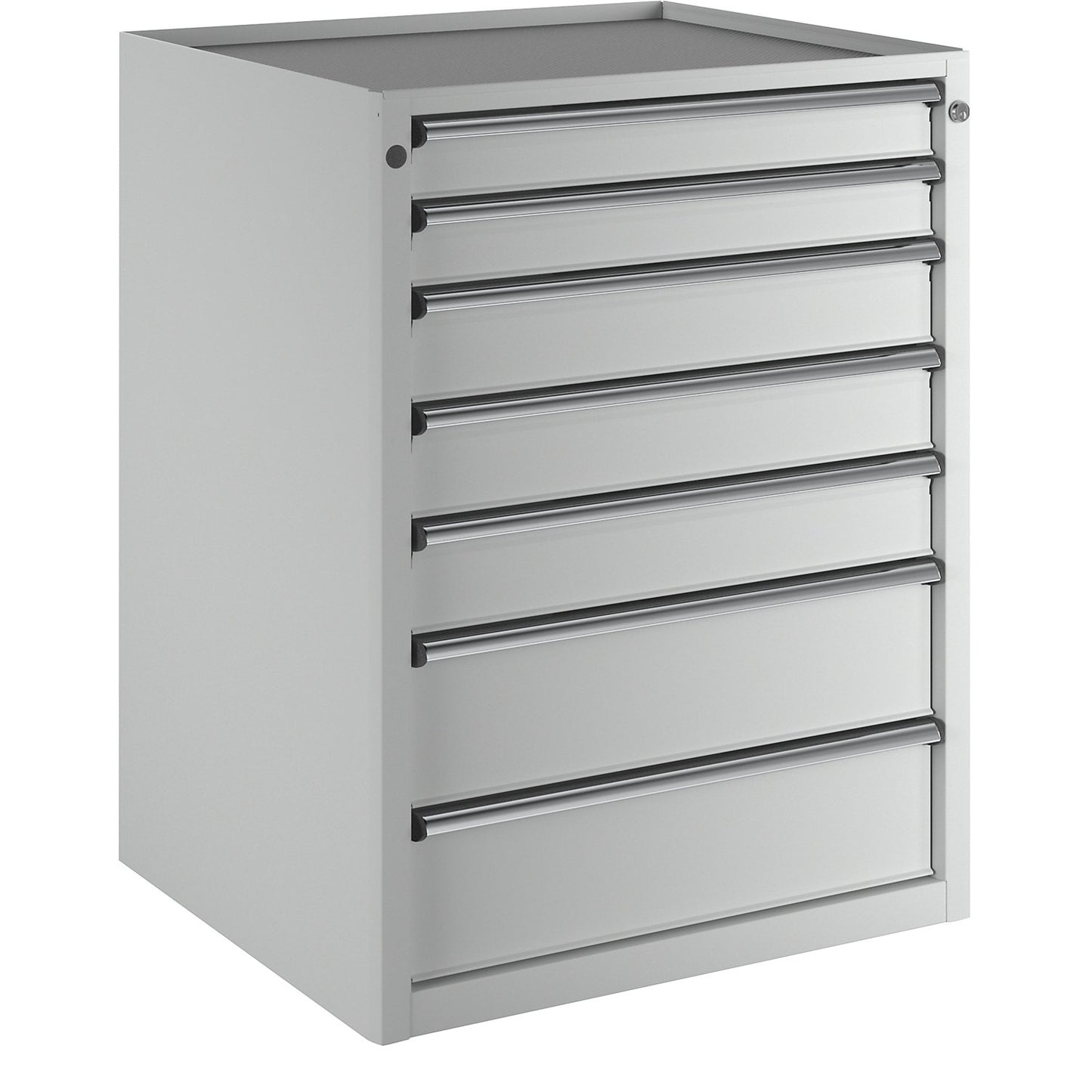 Drawer cupboard, WxD 760 x 675 mm, max. drawer load 200 kg, 7 drawers, height 980 mm, front in light grey.