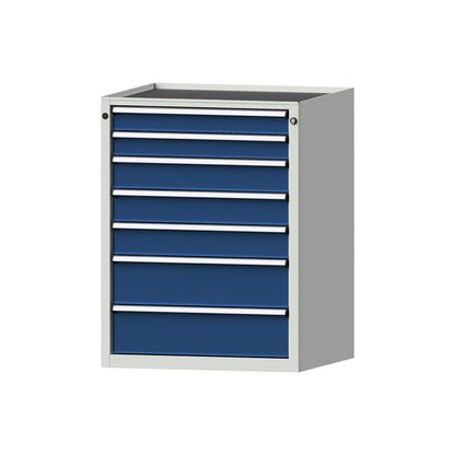 Drawer cupboard, WxD 760 x 675 mm, max. drawer load 100 kg, 7 drawers, height 980 mm, front in gentian blue.