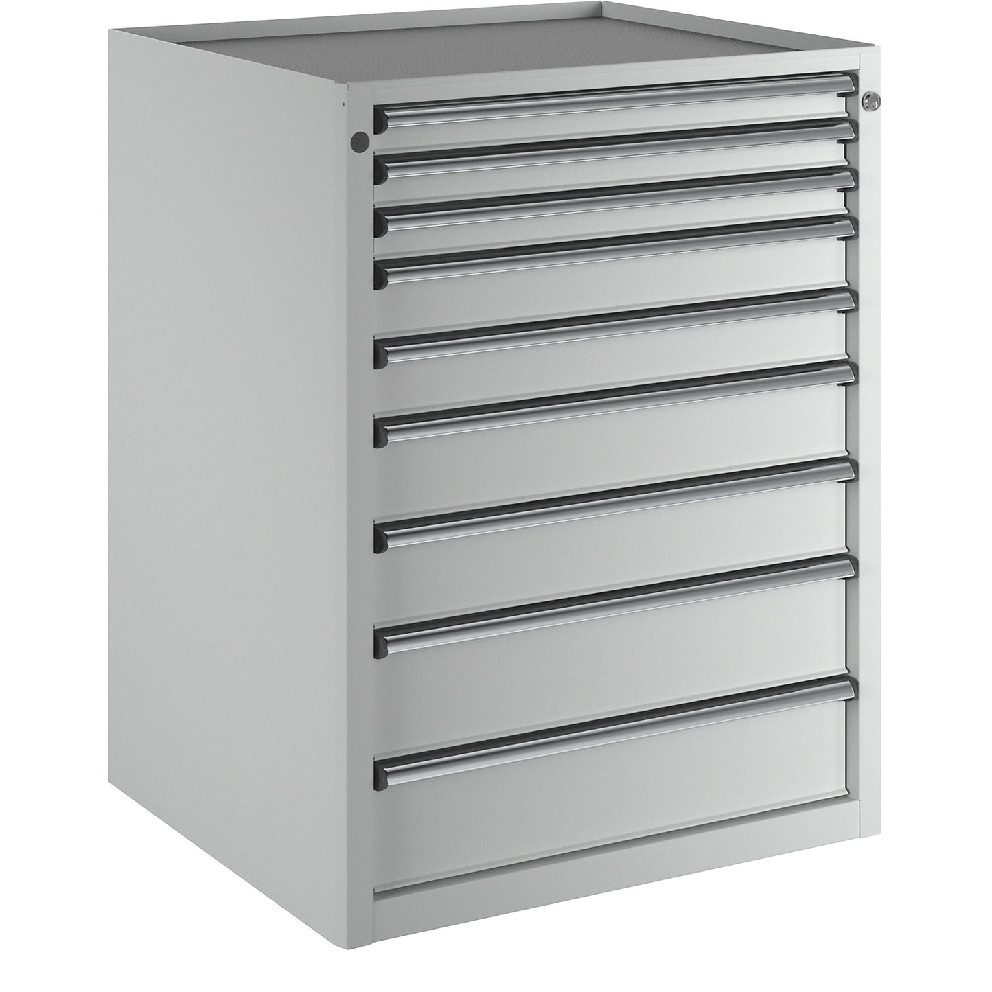 Drawer cupboard, WxD 760 x 675 mm, max. drawer load 100 kg, 9 drawers, height 980 mm, front in light grey.
