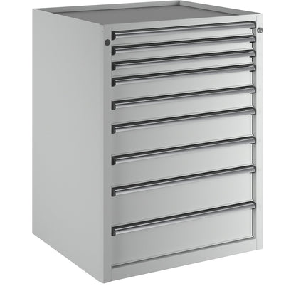 Drawer cupboard, WxD 760 x 675 mm, max. drawer load 100 kg, 9 drawers, height 980 mm, front in light grey.