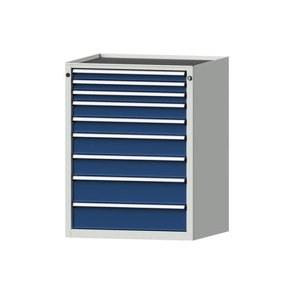 Drawer cupboard, WxD 760 x 675 mm, max. drawer load 100 kg, 9 drawers, height 980 mm, front in gentian blue.