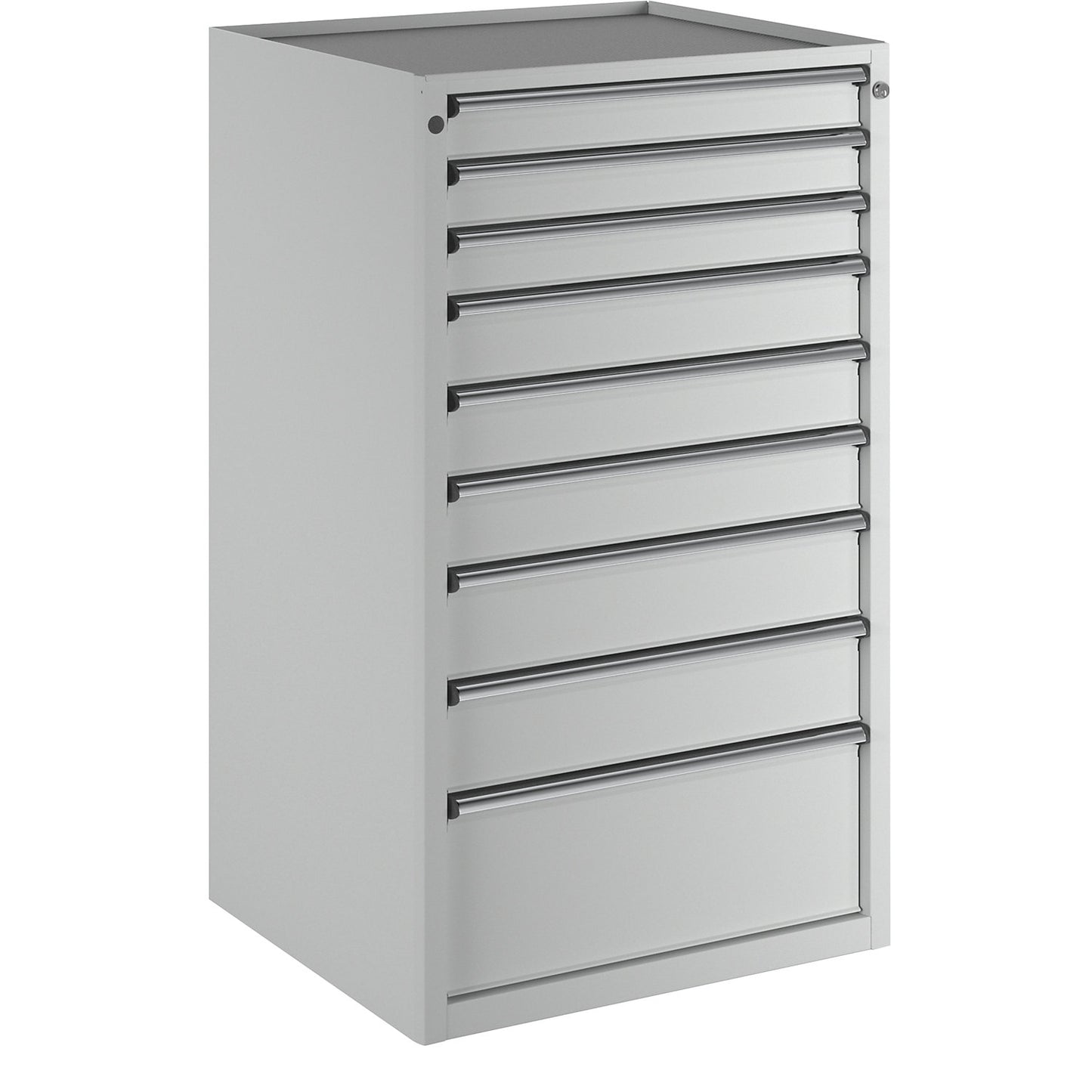 Drawer cupboard, WxD 760 x 675 mm, max. drawer load 100 kg, 9 drawers, height 1280 mm, front in light grey.