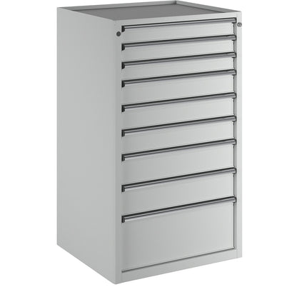 Drawer cupboard, WxD 760 x 675 mm, max. drawer load 100 kg, 9 drawers, height 1280 mm, front in light grey.