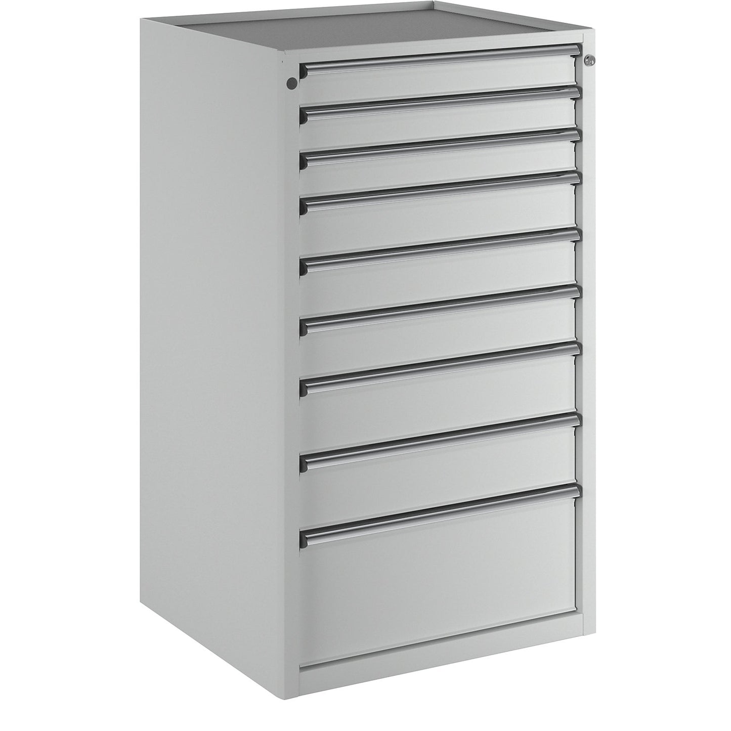Drawer cupboard, WxD 760 x 675 mm, max. drawer load 200 kg, 9 drawers, height 1280 mm, front in light grey.