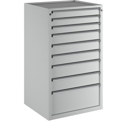 Drawer cupboard, WxD 760 x 675 mm, max. drawer load 200 kg, 9 drawers, height 1280 mm, front in light grey.